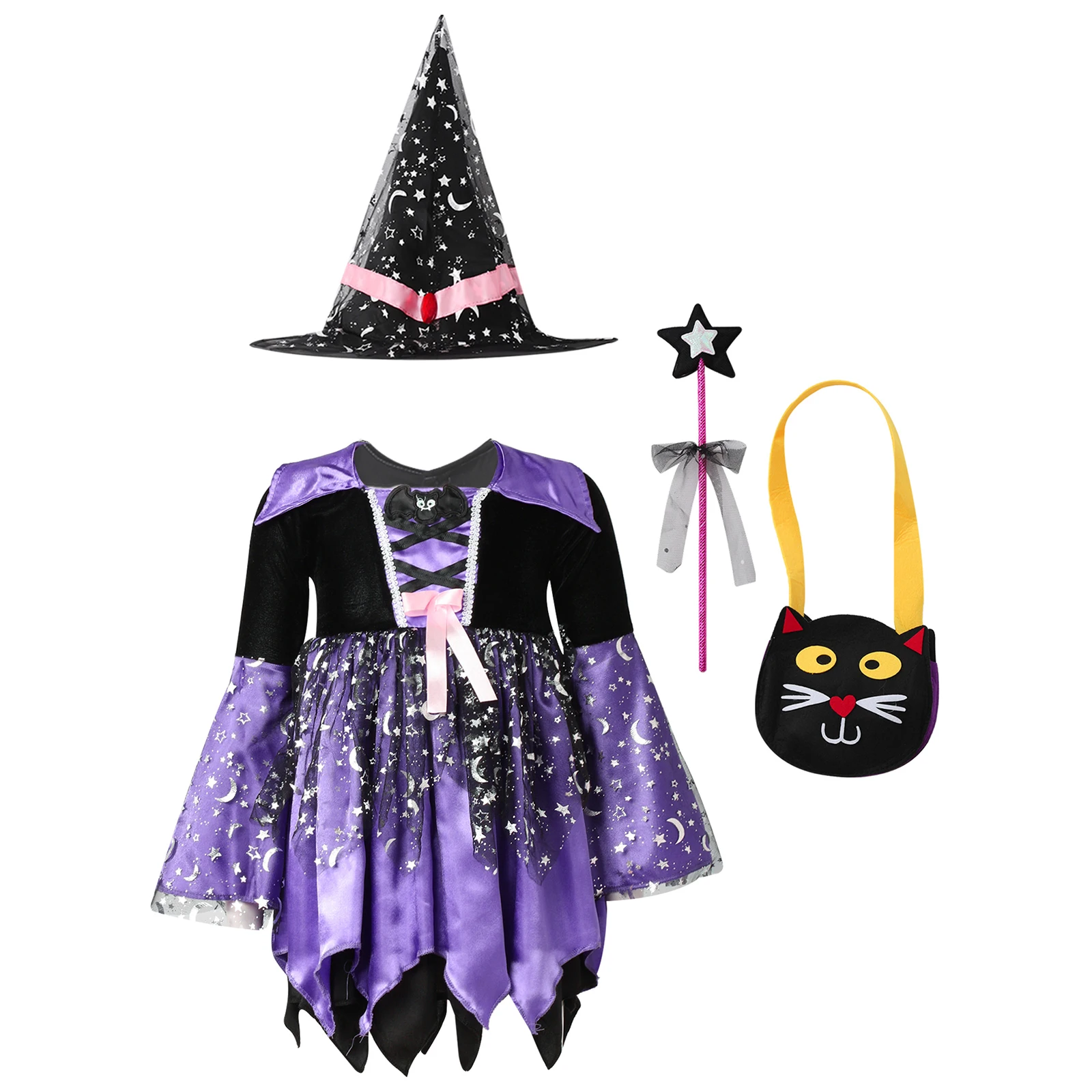 

Halloween 4Pcs Kids Girls Witch Cosplay Costume Long Sleeve Witch Dress with Hat Kitten Handbag And Magic Wand Set Theme Party