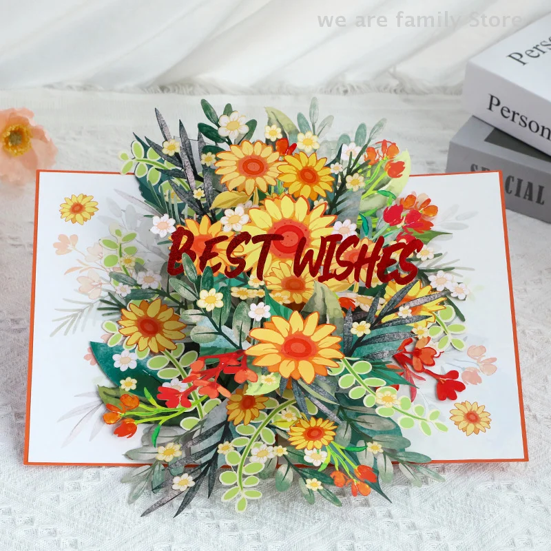 3D Flowers Pop Up Card Best Wishes Ornament Greeting Cards Invitation Congratulation Card Birthday Gift