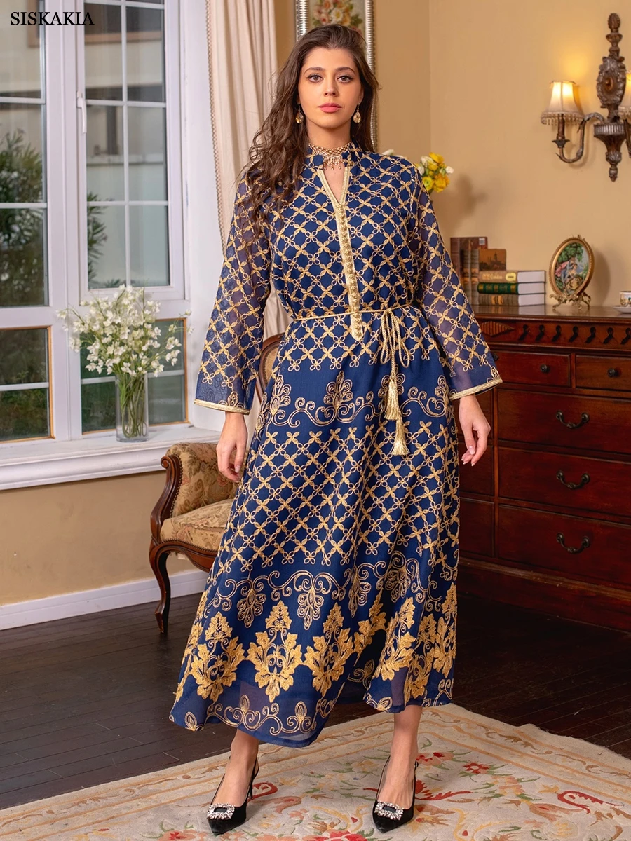 

Dresses For Woman 2023 Retro Floral Embroidered Belted Long Dress Moroccan Kaftan Dubai Abaya Muslim Jalabiya Ramadan