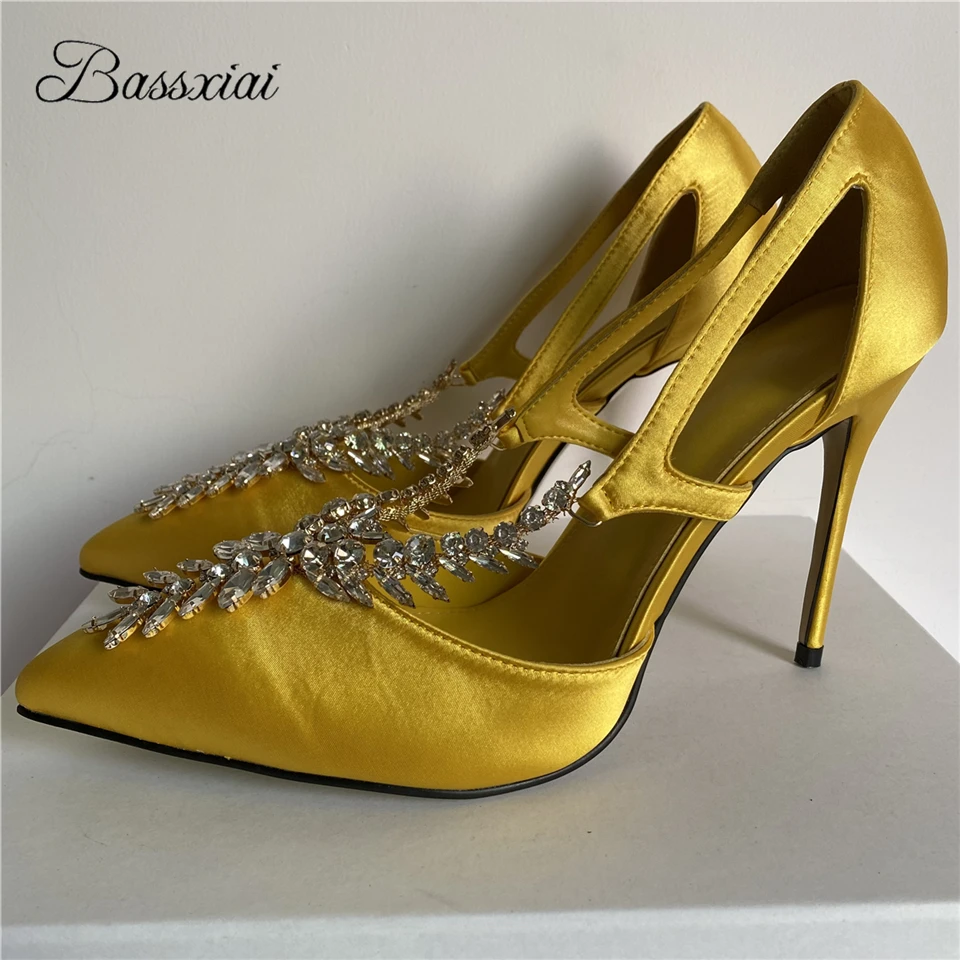 

Diamond Rhinestone Embellishment Women Pumps 10cm Stiletto Heel Sexy Pointed Toe Luxury Satin Slim Party Shoes