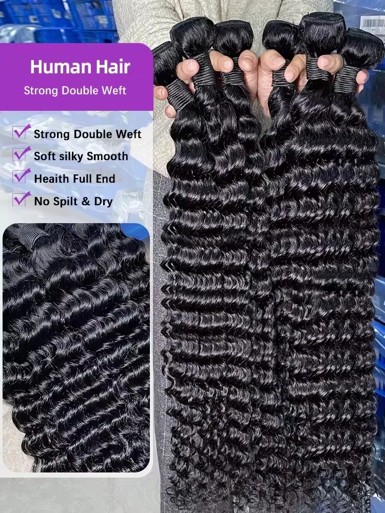 30 32 Inch Deep Wave Human Hair Bundles Brazilian Remy Unprocessed Weaving Curly Hair 1/3/4 Bundles Weave Extensions Deals 2