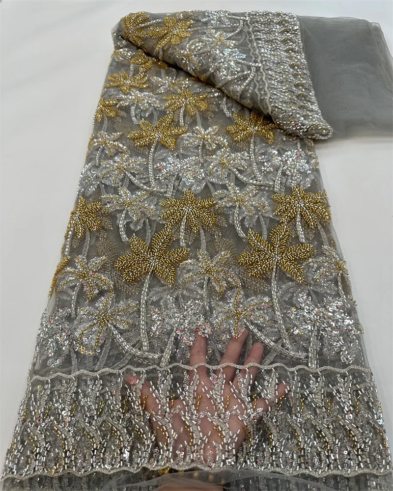 

3.3KG/5Y Handmade Beaded Lace Fabric Nigerian Embroidery Wedding Luxury Evening Dress French Tulle African Sequins For 5yards