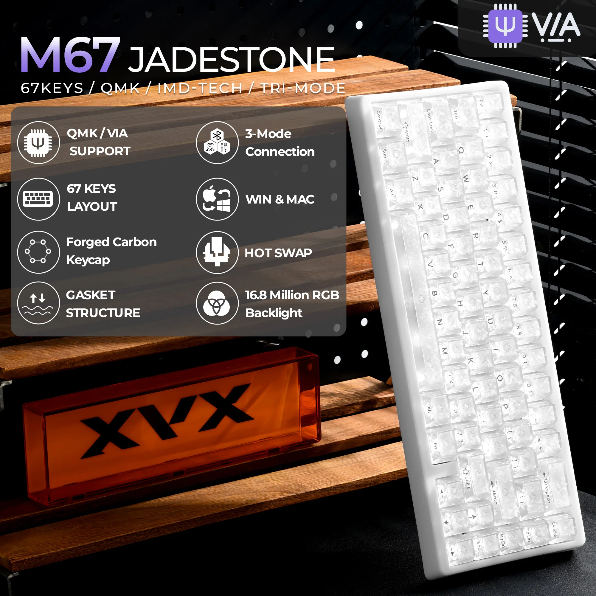 XVX M67 JadeStone 단조 카본 VIA 트라이 모드 기계식 키보드 (투명 키캡 포함) 65% 게이머용 RGB 백라이트 키보드 가스켓