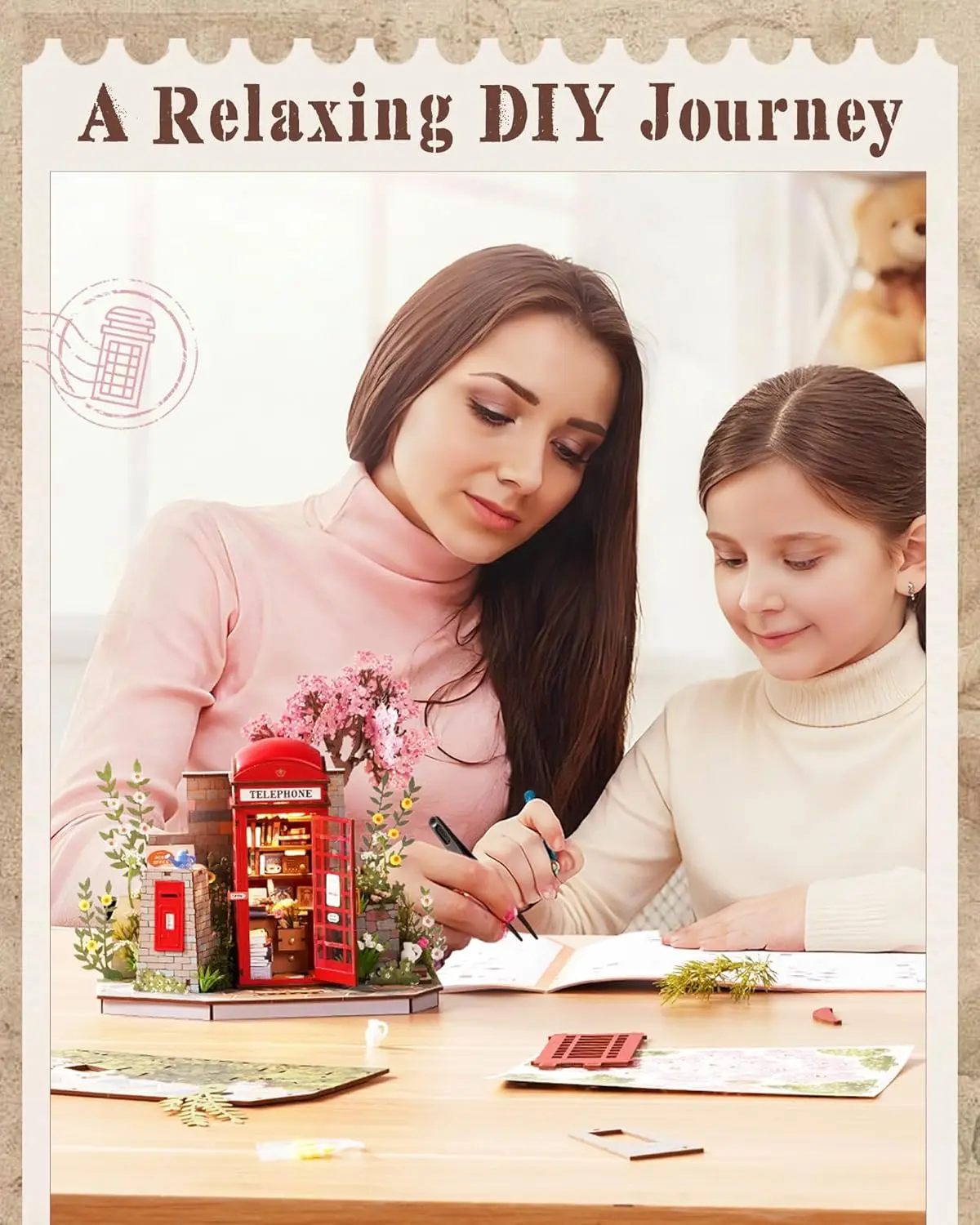 롤라이프 3D 나무 퍼즐 빈티지 스타일 모델 키트 영국식 전화 부스 책꽂이 DIY 조립 장난감 (성인, 남성 및 어린이용)