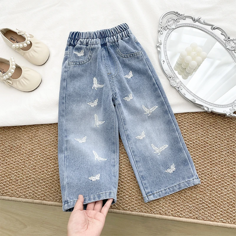 여아 청바지 봄 가을 여아 워싱 소프트 데님 아동 한국 스타일 스트레이트 와이드 팬츠 루즈핏 롱 팬츠