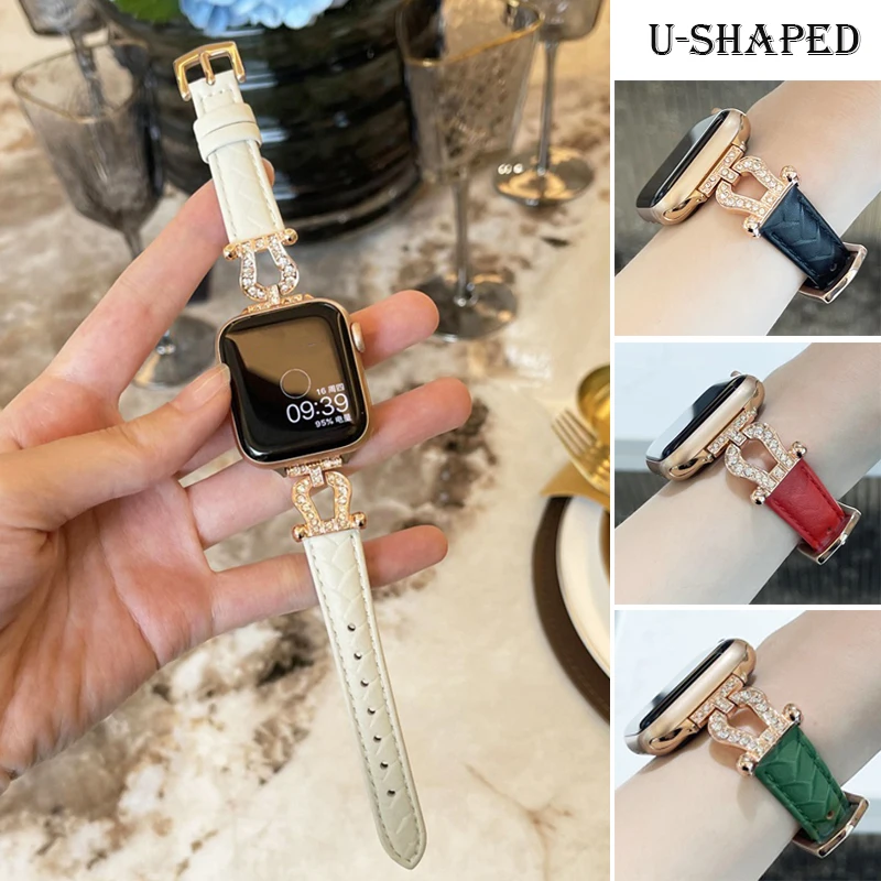 Фото Ремешок со стразами для Apple Watch Band 44 мм 45 мм 38-42-41 мм, роскошный кожаный браслет для iwatch series 8 7 SE 6 5 4 Ultra 49 мм №2