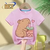 Cute Capybara Loves Bubble Tea print kids T-Shirt summer children's pure cotton short-sleeved casual tops boys and girls gifts 1