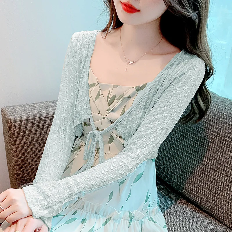 

2023 Summer New Sun Protection Shirt Cardigan Sweater Korean Style Elegant Ice Silk Thin Long Sleeve Cape Top Women