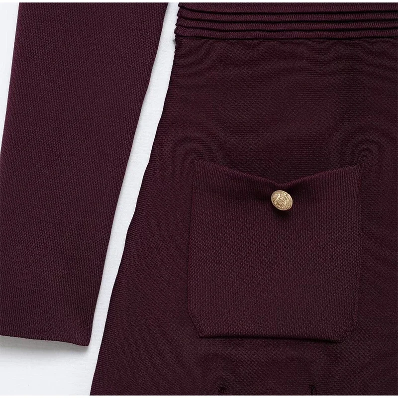 Knit Burgundy Red A-line Mini Dress Women O-neck Long Sleeves Pleat Party Dresses Female 2025 Spring New Pockets Button Vestidos