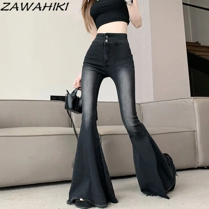 

ZAWAHIKI Jeans Woman Vintage Summer Chic Designed Frayed Fashion Y2K Aesthetic High Waist Temperament Denim Flare Pants Mujer