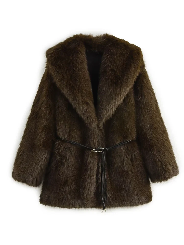 Women's Lapel Faux Fur Coat With Belt Winter Fashion Elegant Long Sleeve Thicken Warm Jackets Casual Female Street Outerwear