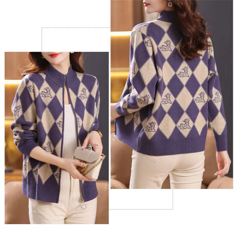 Women's Korean Vintage Plaid Sweaters Cardigan Autumn Winter Casual All-match Stand Collar Zipper Knitted Tops Female Clothing