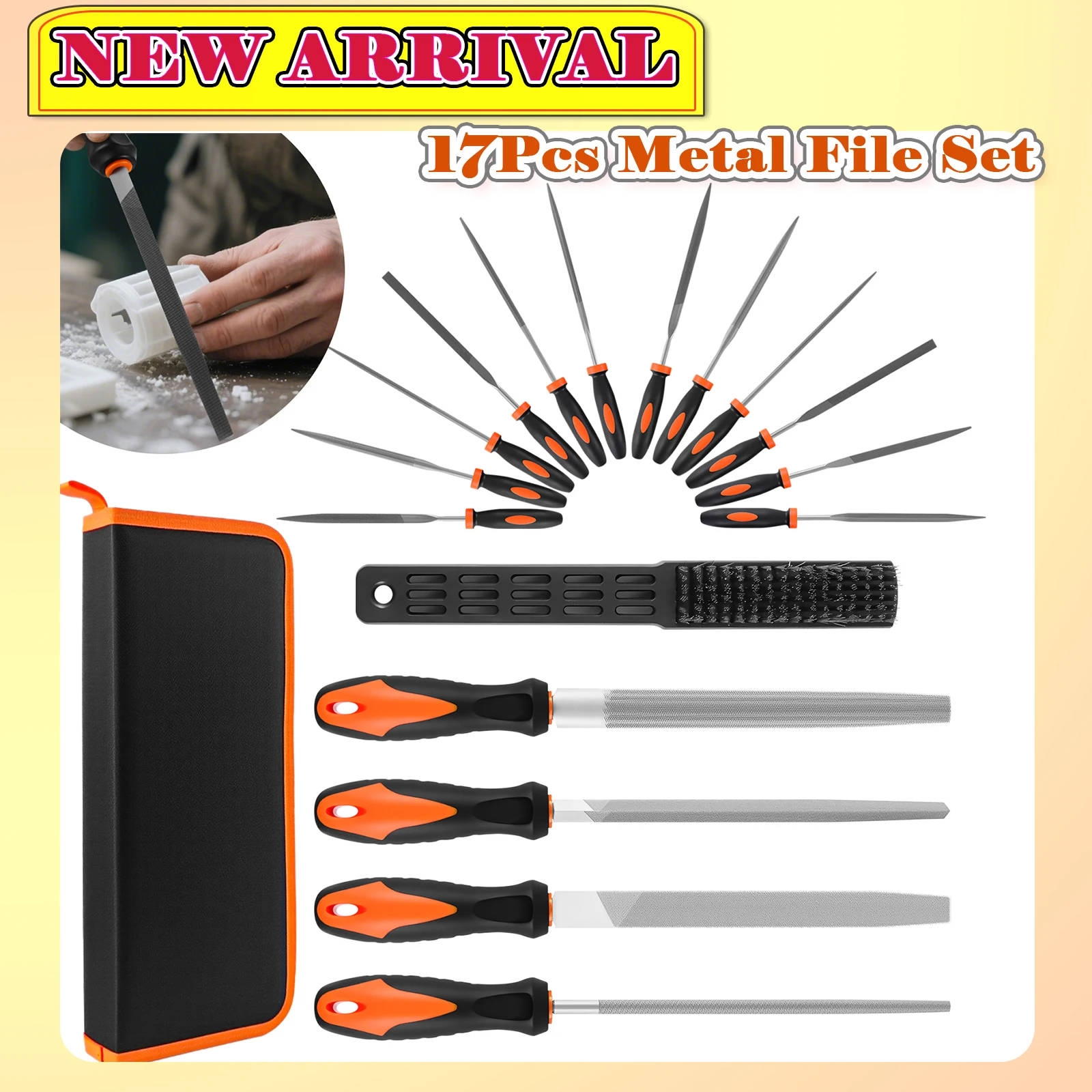 17Pcs Metal File Set, Professional Tools, 4*Large Files - Flat/Triangle/Half-Round/Round File & 12*Needle Files