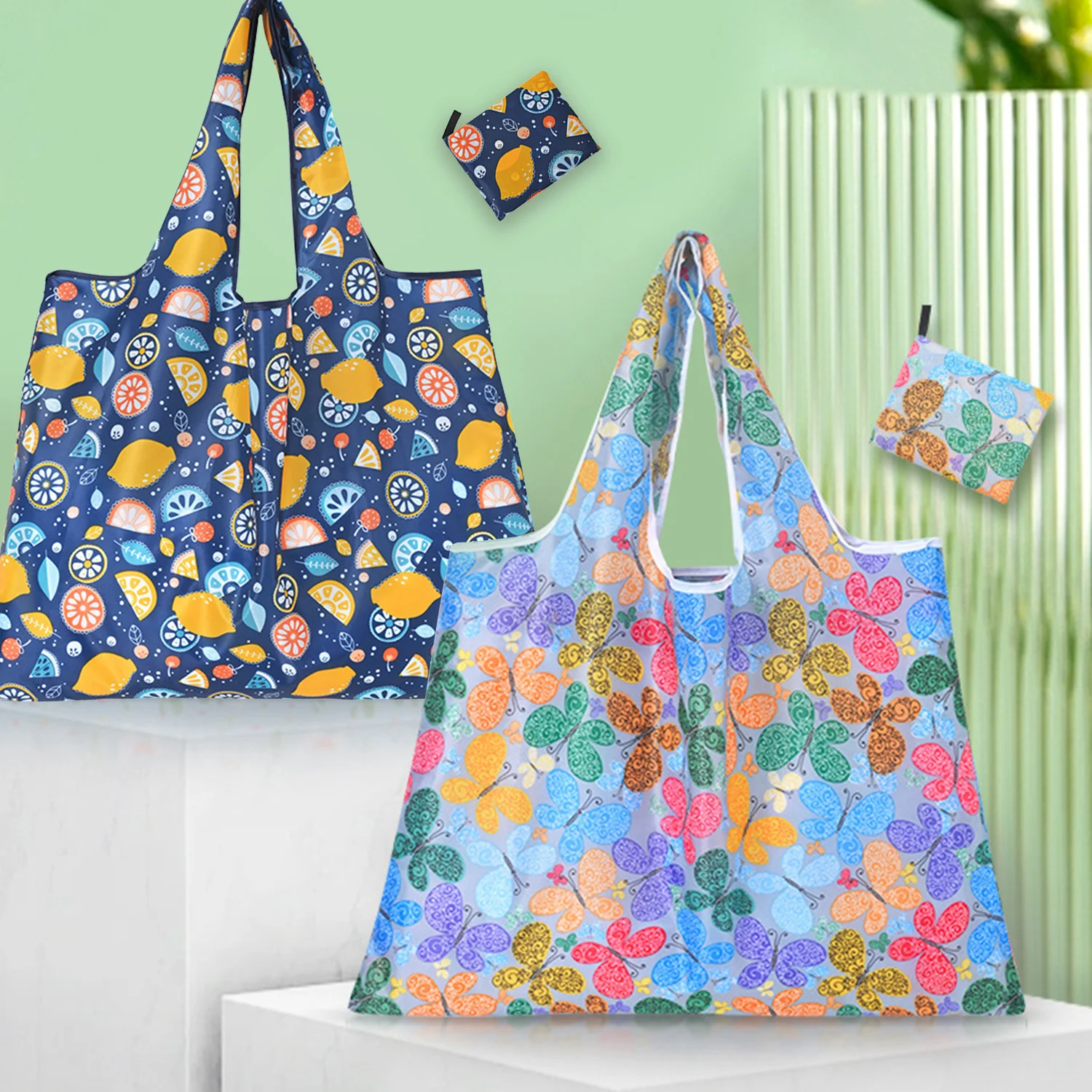 

Fashion Flower Fruit Print Women's Handbags Foldable Eco Shopping Bag Tote Pouch Reusable Grocery Bag Organizer Shopper Bag