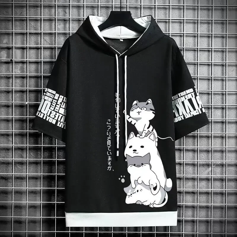 Harajuku Cat Ear Paw Drawstring Letter Hooded T-Shirt main image 0