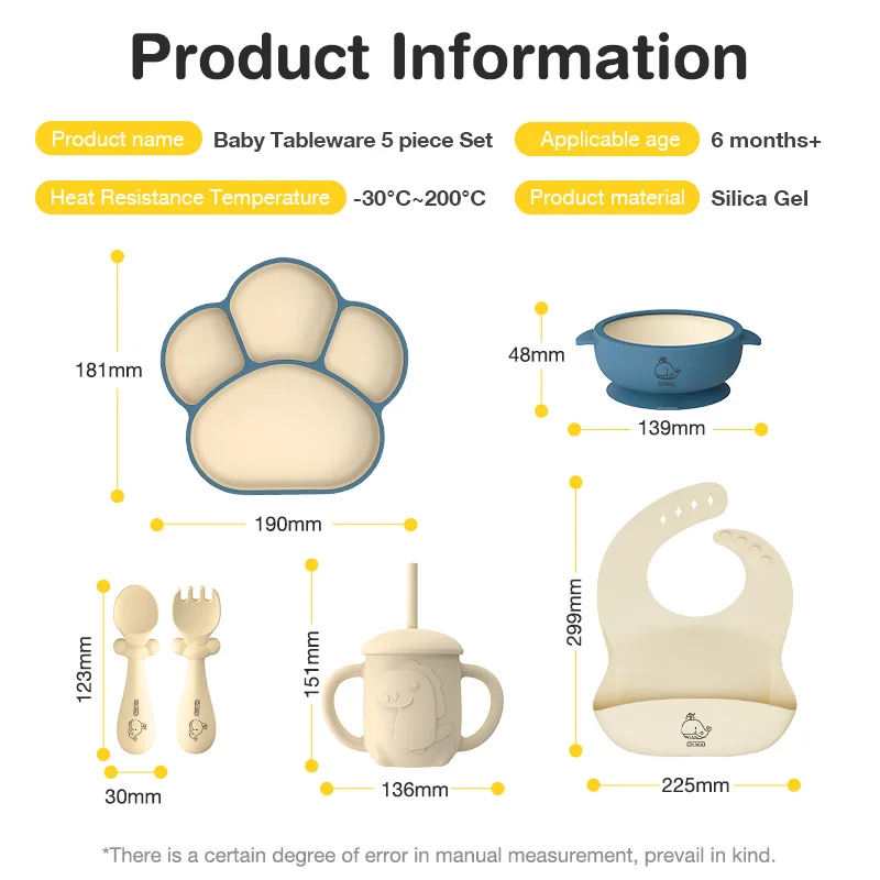 Dr.isla 6PCS Set Children's Dishes Set Baby Silicone Tableware Sucker Bowl Bib Cup Fork Spoon Set Infant Supplies BPA Free 6