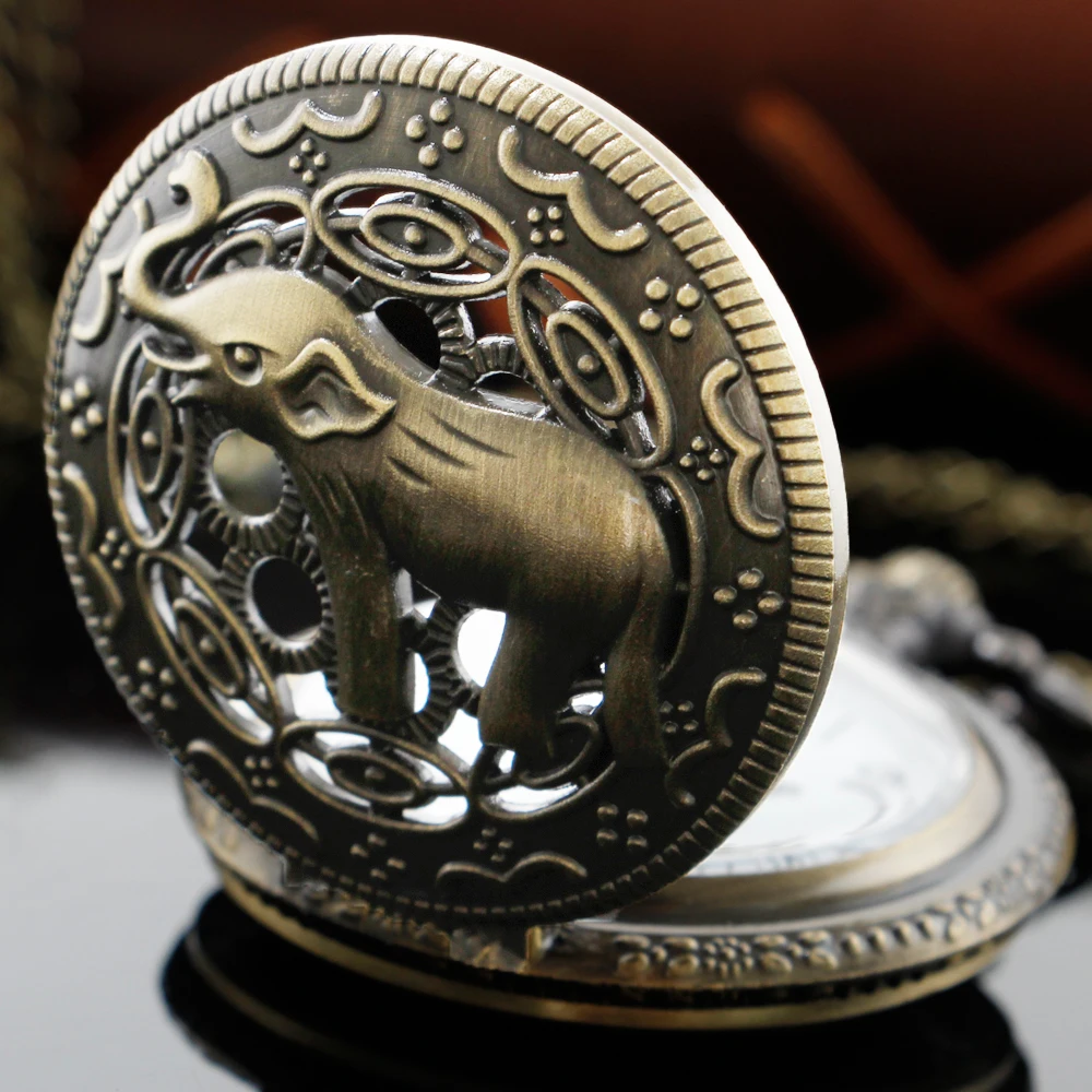 

3D Bronze Animal World Elephant 3D Carved Pattern Hollow Chain Watch Vintage Digital Steam Punk Pendant Necklace Jewelry Gift