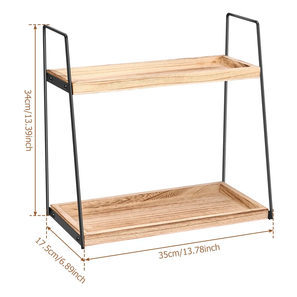 Organizer Angolare A 2 Ripiani In Legno E Metallo - Rastrelliera Regolabile Per Spezie, Libri E Bagno - Stile Rustico Salvaspazio