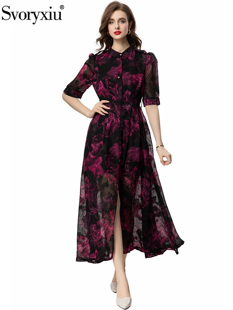 

Svoryxiu Runway Fashion Summer Vintage Elegant Long Dress Women's Stand Collar Belt Slim Floral Print Split Hem Party Dress