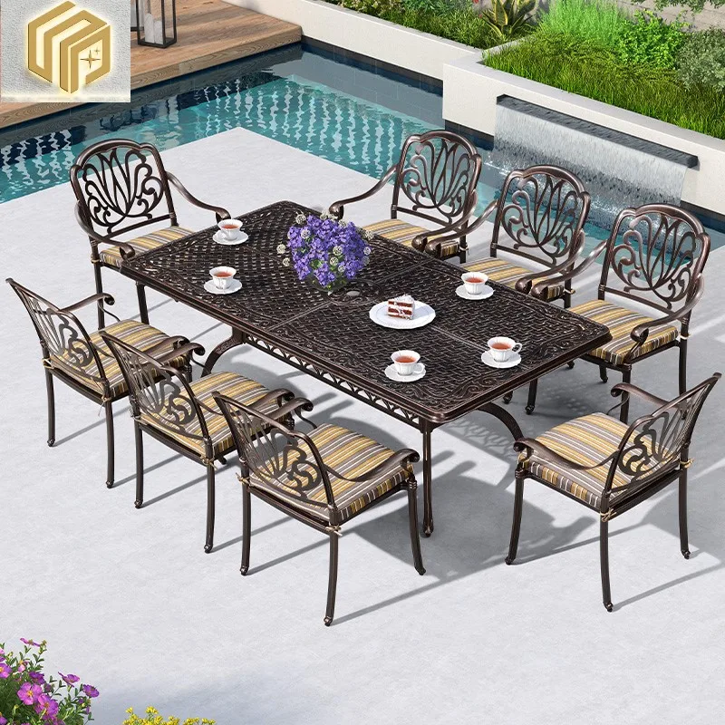 

Garden tables and chairs Iron courtyard leisure dining table Outdoor cast aluminum long table Outdoor villa dining table terrace