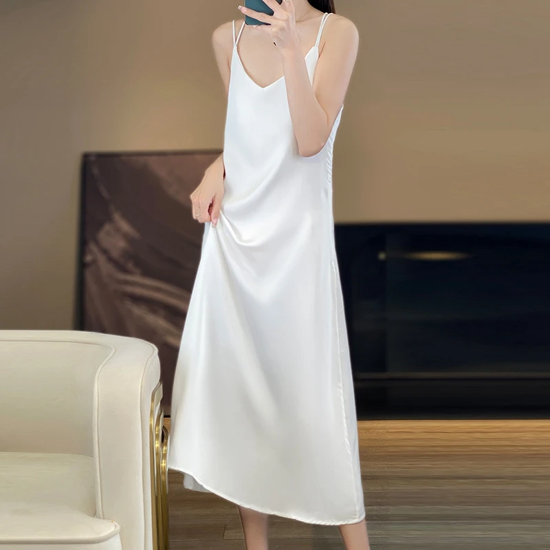 Silk glossy Hanging Suspender Dress With Feminine Temperament, spring And Summer high-end Solid Color Long Skirt 5