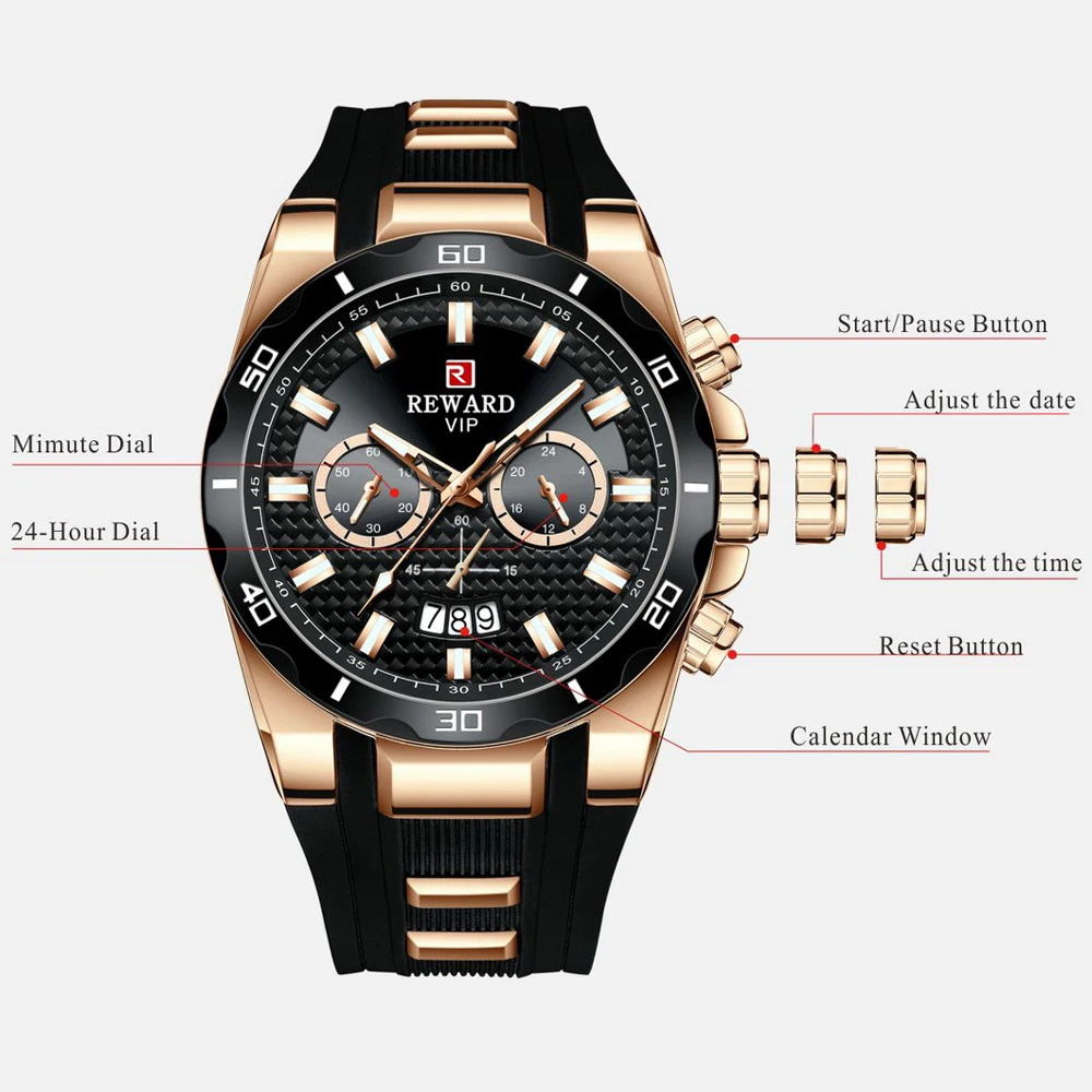 REWARD Chronograph Quartz Watch for Men Luxury Brand Big Dial Military Sport Wristwatch Waterproof Silicone Strap Male Clock 5