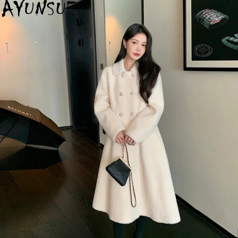 

High AYUNSUE Quality 100% Wool Coats for Women 2024 Winter Elegant Long Sheep Shearing Jacket Korean Style Manteau Femme Hiver