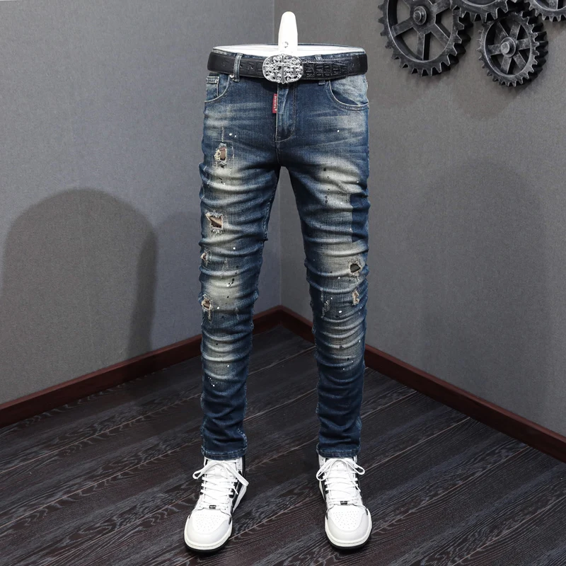 High Street Fashion Men Jeans Retro Black Blue Elastic Slim Hole Ripped Jeans Men Vintage Designer Hip Hop Denim Pants Hombre