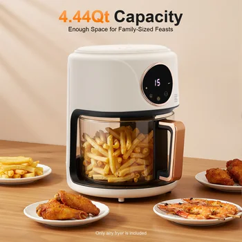 4.2L 1200W 360° Viewable Airy Fryer Borosilicate Glass Air Fryer Touchscreen Digital Display 8 Preset Cooking Modes 0-60min Timer 176℉-392℉ Adjustable Temp Non-stick Dishwasher Safe Pot Even Hot Air Circulation Electric Fryer for Home Kitchen Daily Use 3
