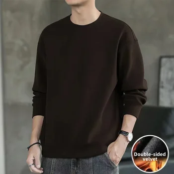 Double-sided Fleece Long Sleeve T-shirt For Men Autumn Winter New Style Round Neck Loose-fit Top Inner Warm Base Layer 3
