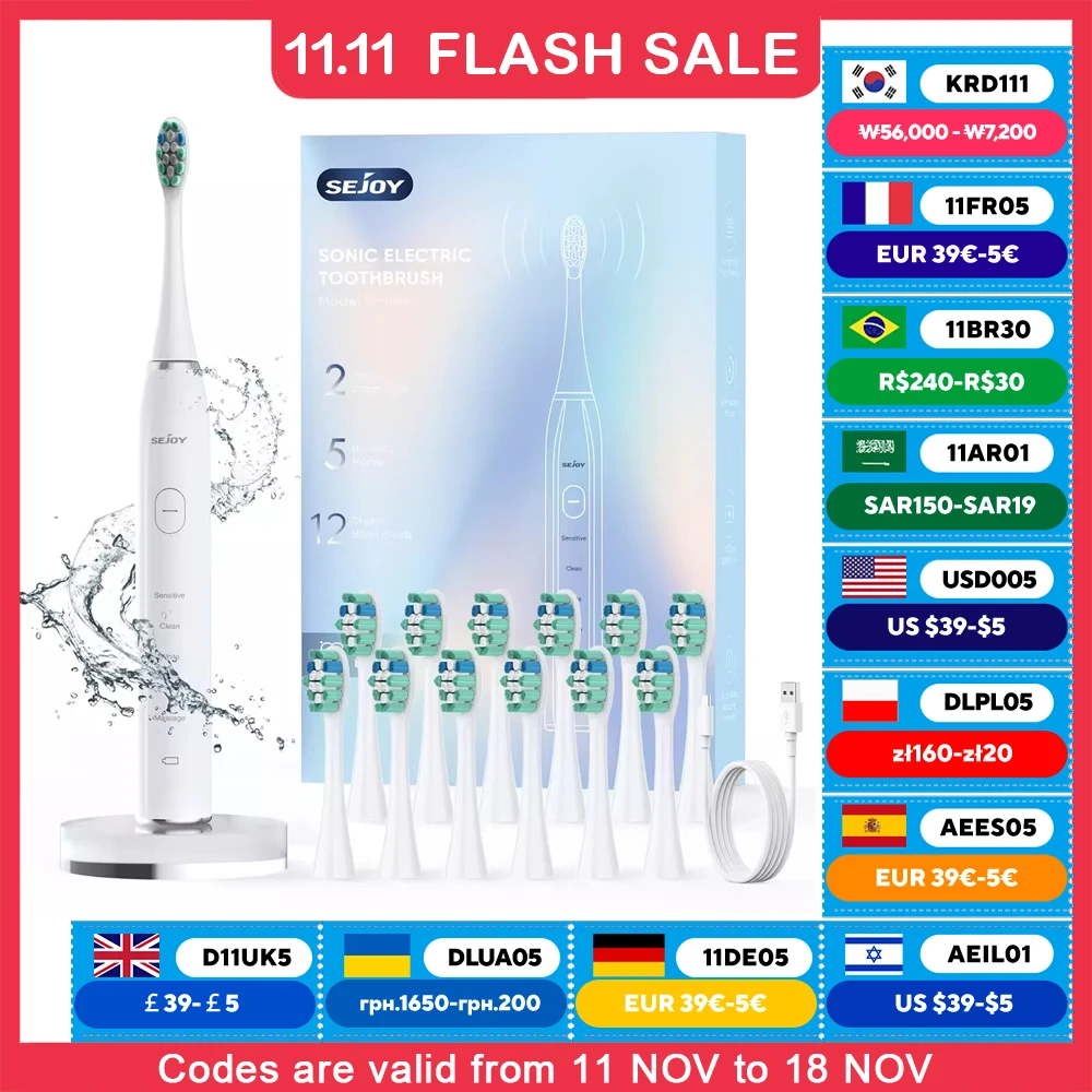 Sonic Expert Clean Electric Toothbrush Rechargeable High Power Vibration 12 Brush Heads 5 Modes electric toothbrush