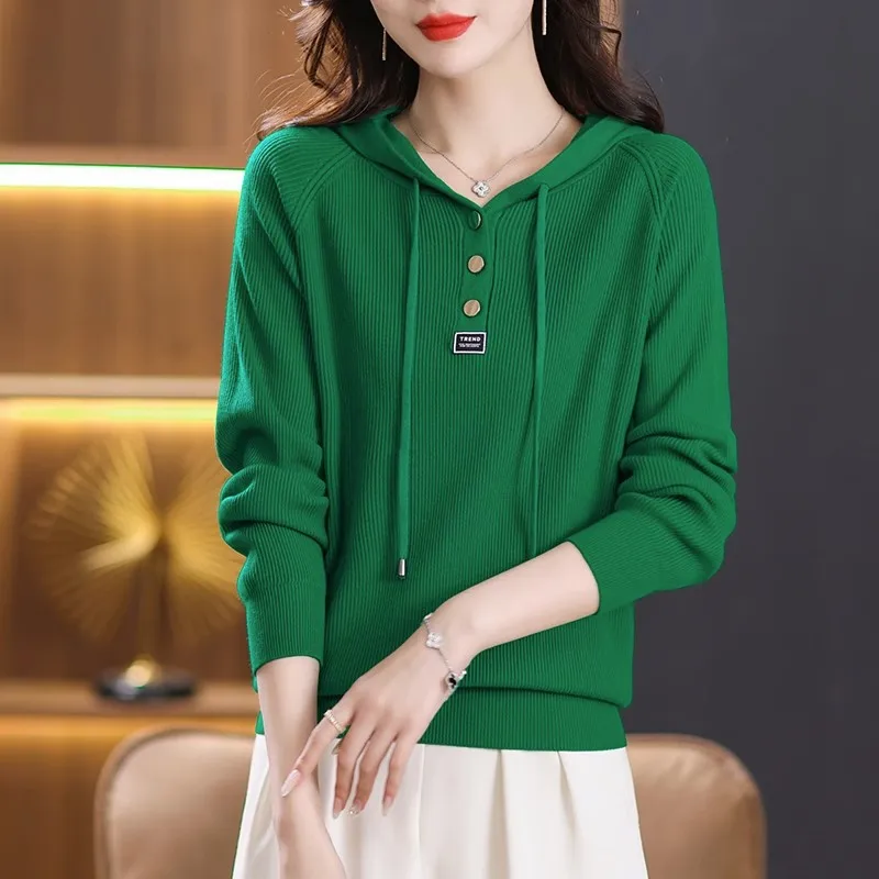 

Hooded Sweater Women's Autumn Winter 2023 New Fashion Solid Thick Long Sleeve Knitted Outwear Straight All-match Jumpers Tops