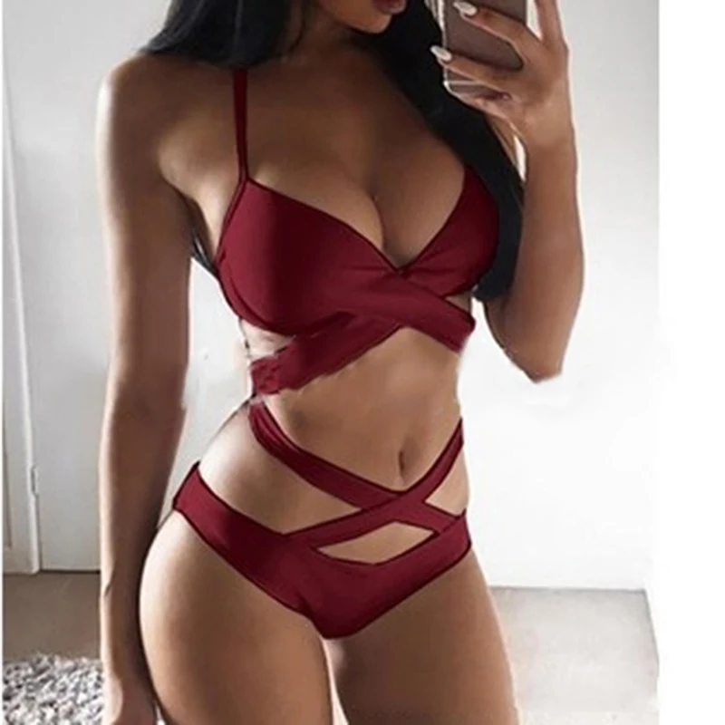 Sexy High Waist Women Bra Set 2022 Solid Cross Bandage Halter Swimsuit New Swimwear Women Bikini Sets Push Up Underwear Suit calvin klein underwear set