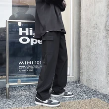 

Cotton Cargo Pants Men Fashion Grey/Black Pocket Casual Pants Men Streetwear Loose Hip Hop Straight Wide Leg Pants Mens Trousers