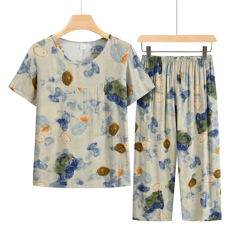 Middle Aged Mother Home Wear Short Sleeve Sleepwear Cow Map Pijama Feminino Summer Pajama Sets Capri Pants Pyjama Pour Femme