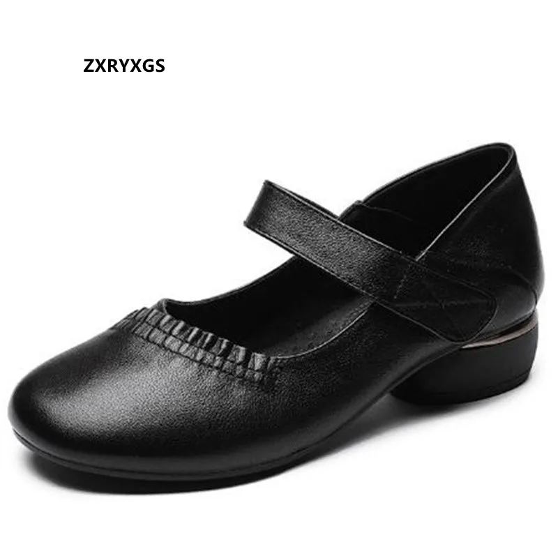 

Promotion 2024 New Spring Soft Genuine Leather Shoes Middle Heel Shoe Comfortable Elegant Shallow Mouth Fashion Casual Shoes