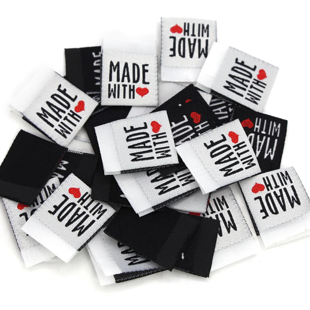 Handmade Label Black White Clothes Tags Made With Love Woven Fold Tags Clothes Decoration Sewing Accessories 20*50MM 50Pcs clothing labels,garment labels,sewing labels