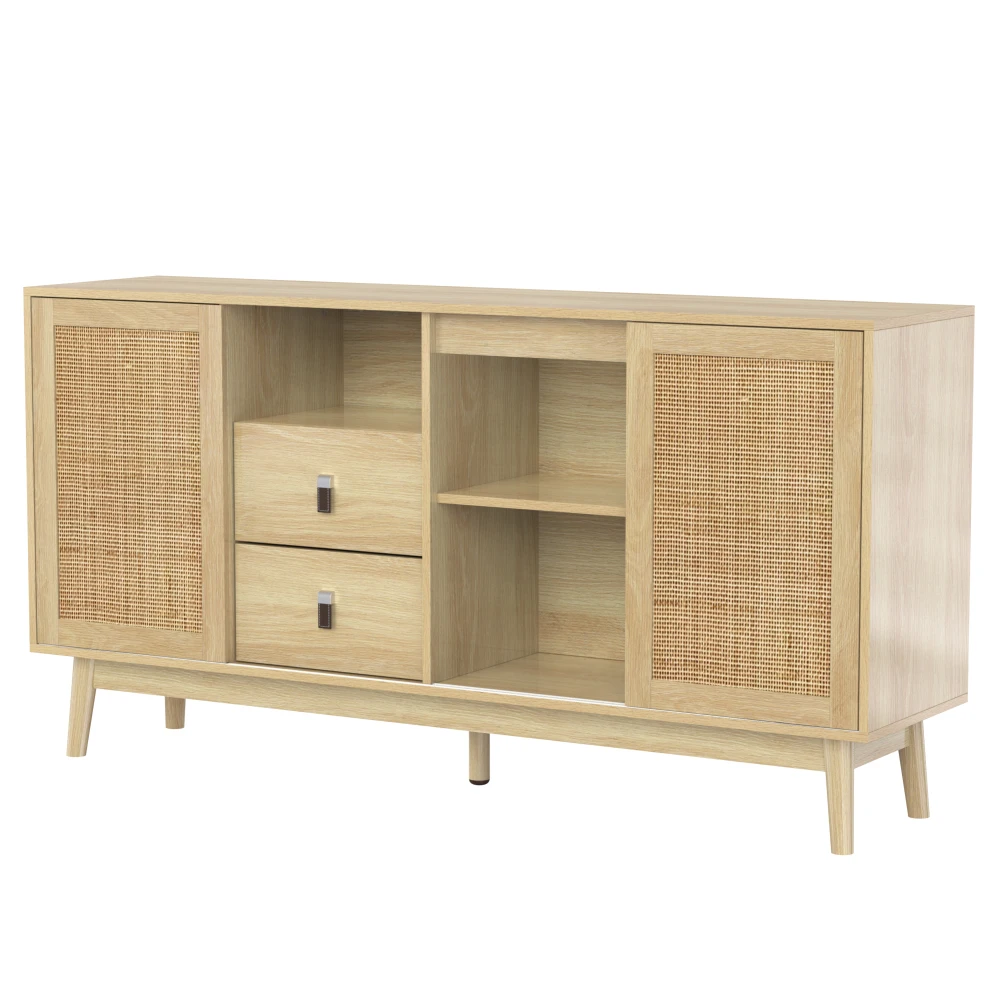 Sideboard im Rattan-Stil – 3 Rattan-Schiebetüren und Schubladen, 155 x 38 x 80 cm, atmungsaktive, vielseitige Aufbewahrung für Wohnzimmer/Esszimmer – Detail 20