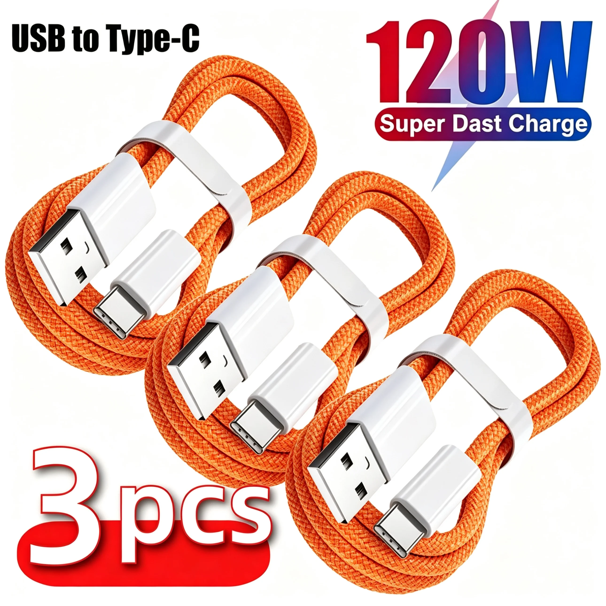 3-Pack USB A to USB C 240W Fast Charging Cables