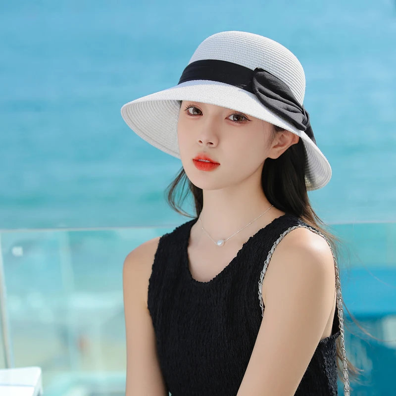 Hepburn French Style Wide Brim Sun Hat Women Anti-UV Hiking Fisherman Cap Solid Color Bowknot Summer Beach Bucket Hat
