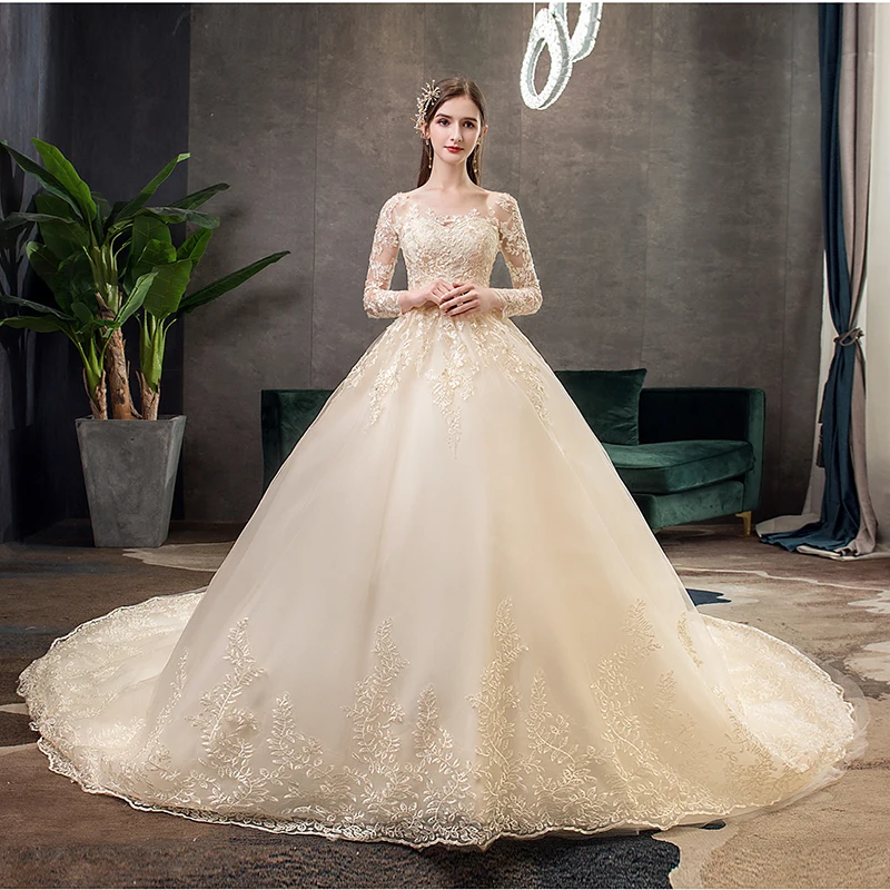New Spring White Ivory Champagne Wedding Dresses With Sleeve Illusion Long Appliques Lace Embroidery Ball Gowns vestido De Noiva 2
