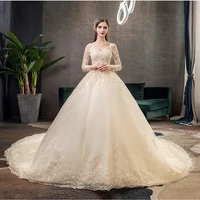 New Spring White Ivory Champagne Wedding Dresses With Sleeve Illusion Long Appliques Lace Embroidery Ball Gowns vestido De Noiva 2