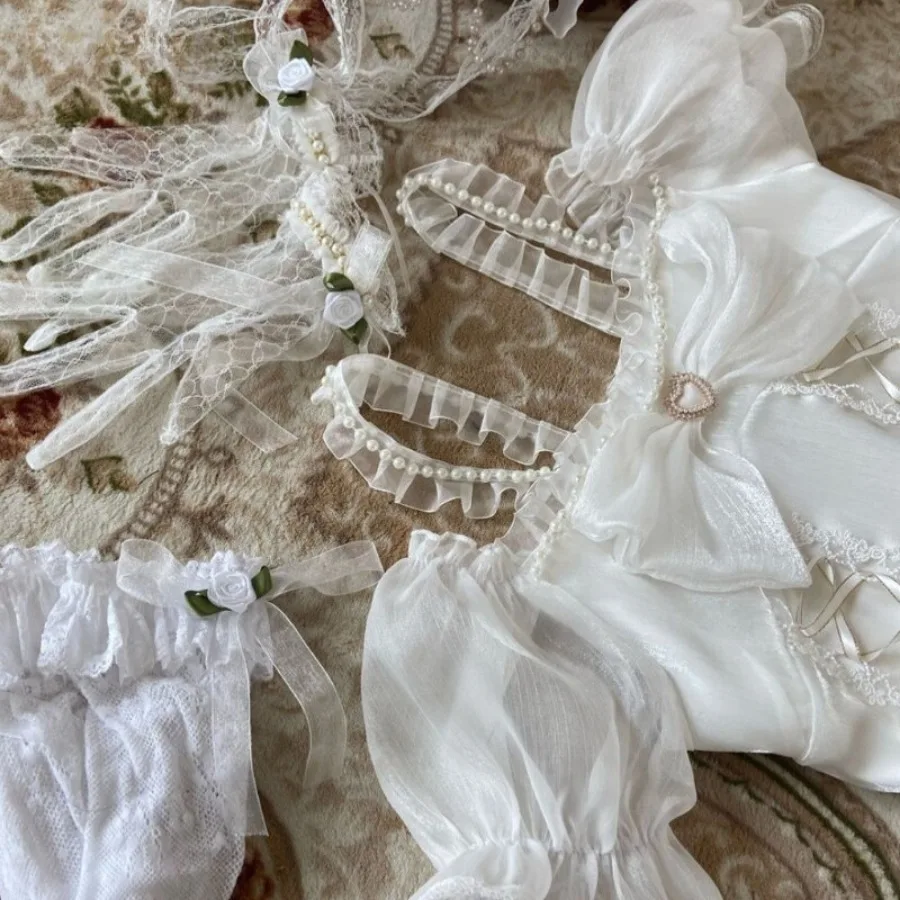 Sweet Lolita Princess Dress Women Cute White Bowknot Lace Ruffles Flowers Wedding Dresses Girly Kawaii Tulle Party Fairy Dress