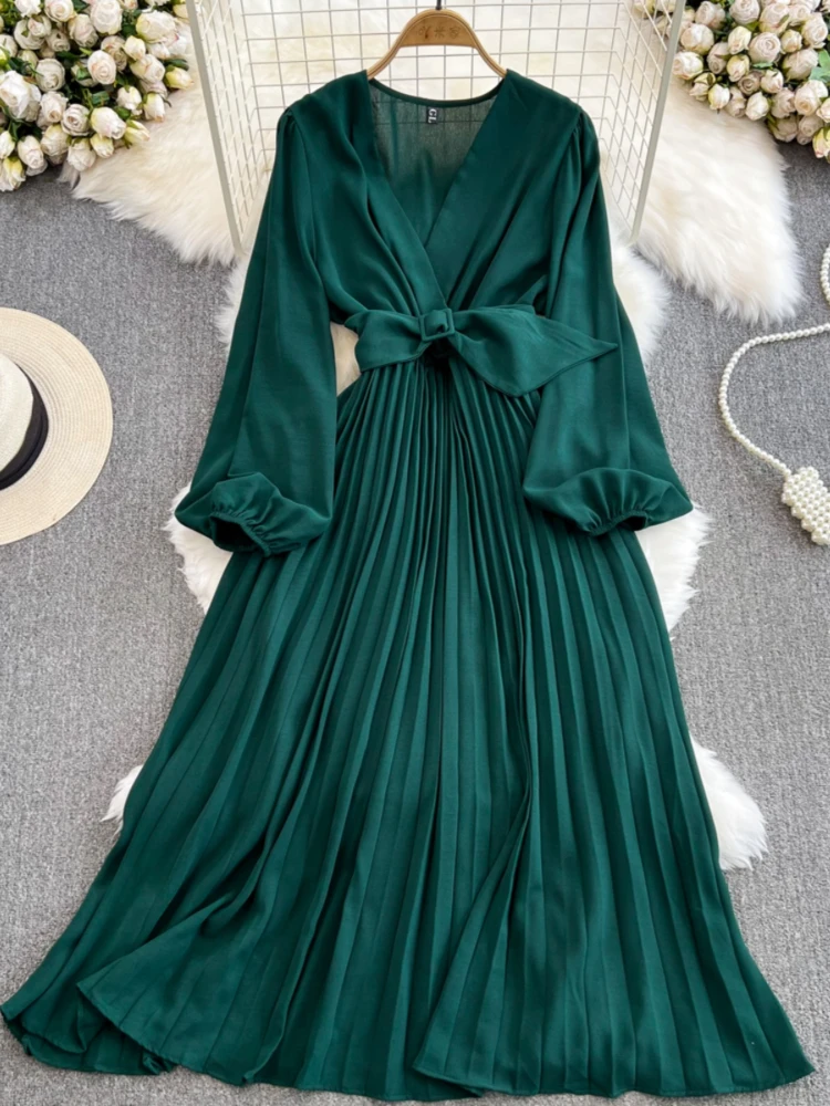 

Women Fashion Vintage Solid Chiffon Party Vacation A-line Dress Spring Autumn V-neck Lantern Sleeve Elegant Pleat Robe Vestidos