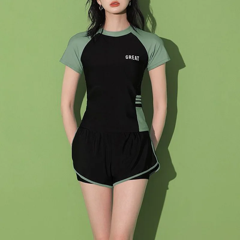 2023 New Summer Fashion Contrast Color Round Neck Casual Beach Hot Spring Swimming Sports Two Piece Conservative Swimwear