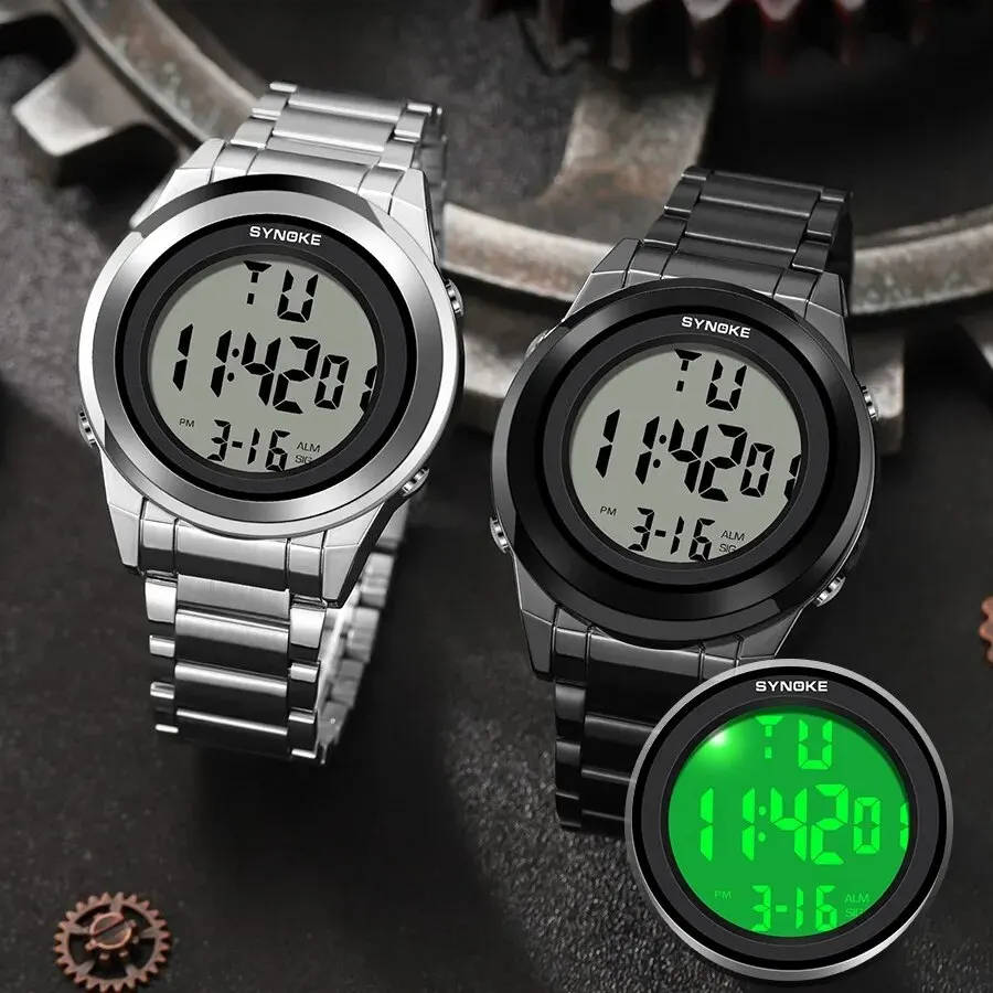 SYNOKE Top Brand Luxury Stainless Steel Alarm Hour For Mens Watches Fashion LED Men Digital Wristwatch Waterpoof 3
