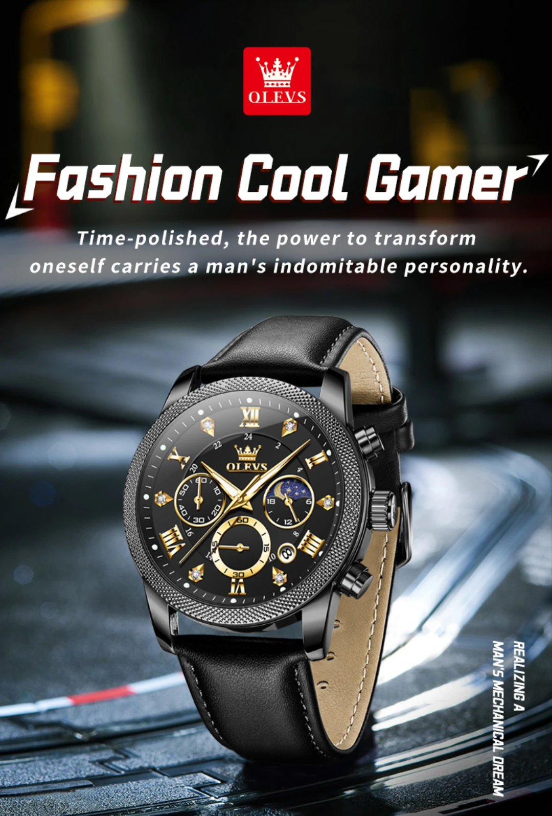 OLEVS 3660 Leather Chronograph Watch For Mens description image 2