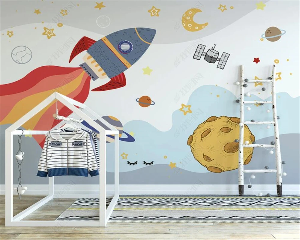 

beibehang Customized new Nordic hand-painted cartoon rocket astronaut full house children's room background wallpaper