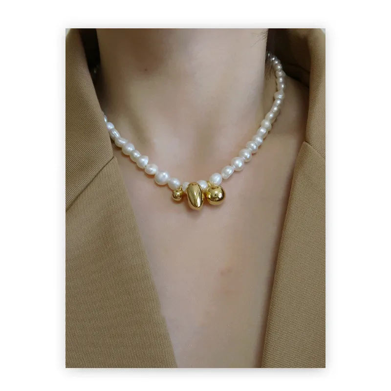 

Brass Heart Ball Natural Baroque Freshwater Pearl Necklace Women Jewelry Punk Designer Runway Rare Gown Boho Japan Korean