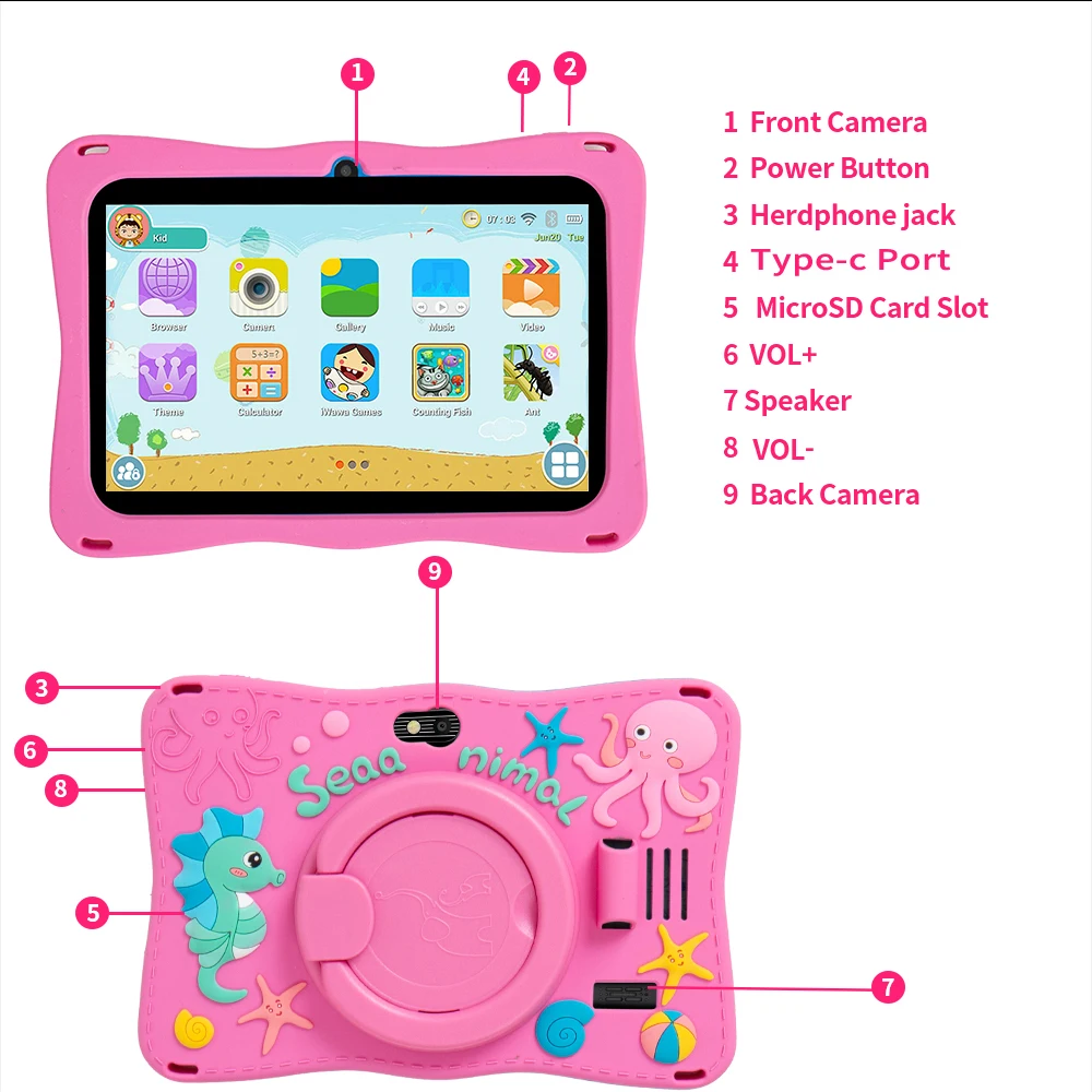 BDF 7 Inch Kid Android Tablet Android, 32GB ROM,1TB Expand,5G WiFi,4000MAH Battery,Dual Camera, Children's Gift Kids Software 6